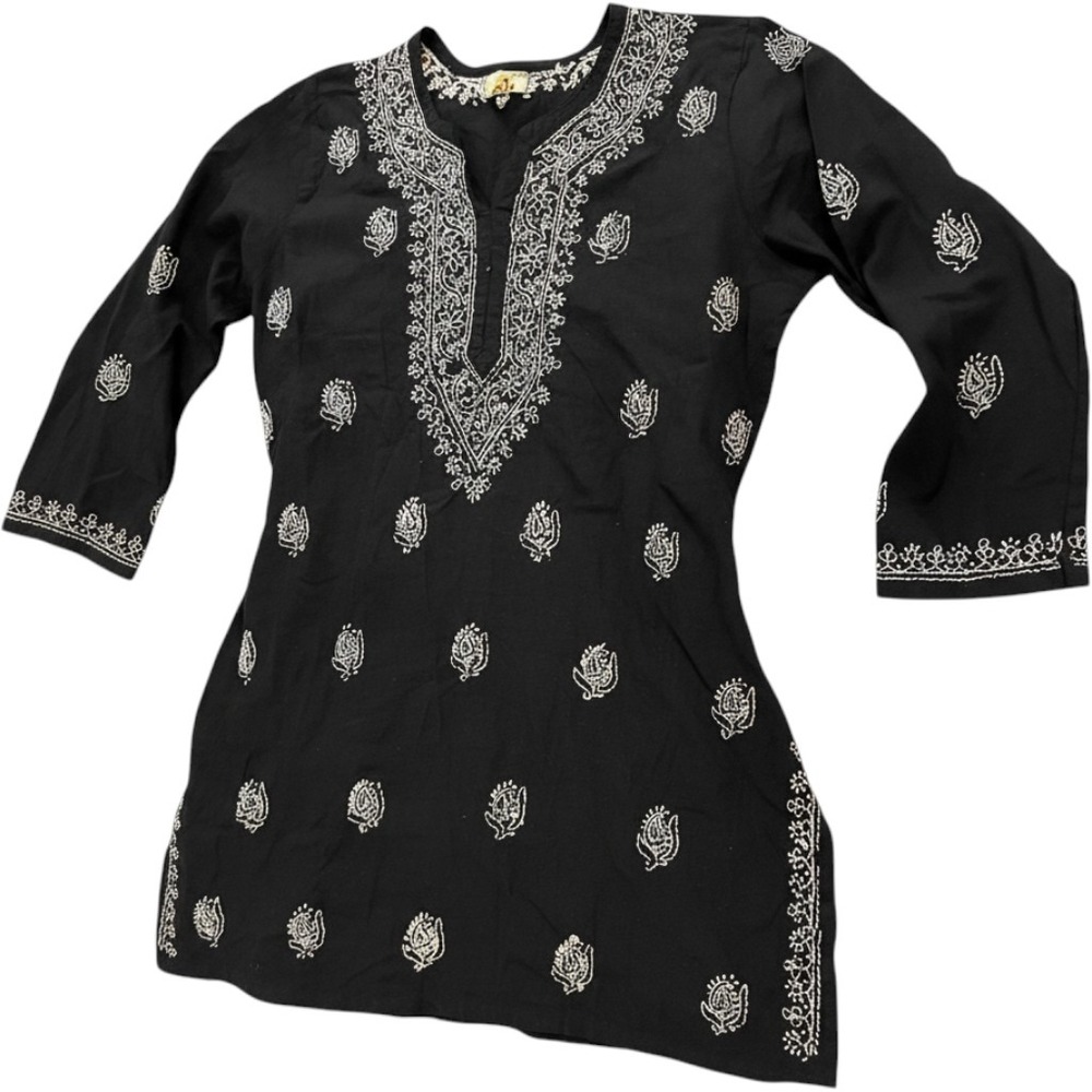 Ada Chikankari Tunic Top Black White Hand Embroidered Cotton Kurta 2XL 46